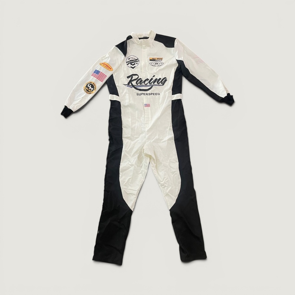 Spirit Halloween Racing Superspeed Jumpsuit Costume Mens S/M White Black Patch